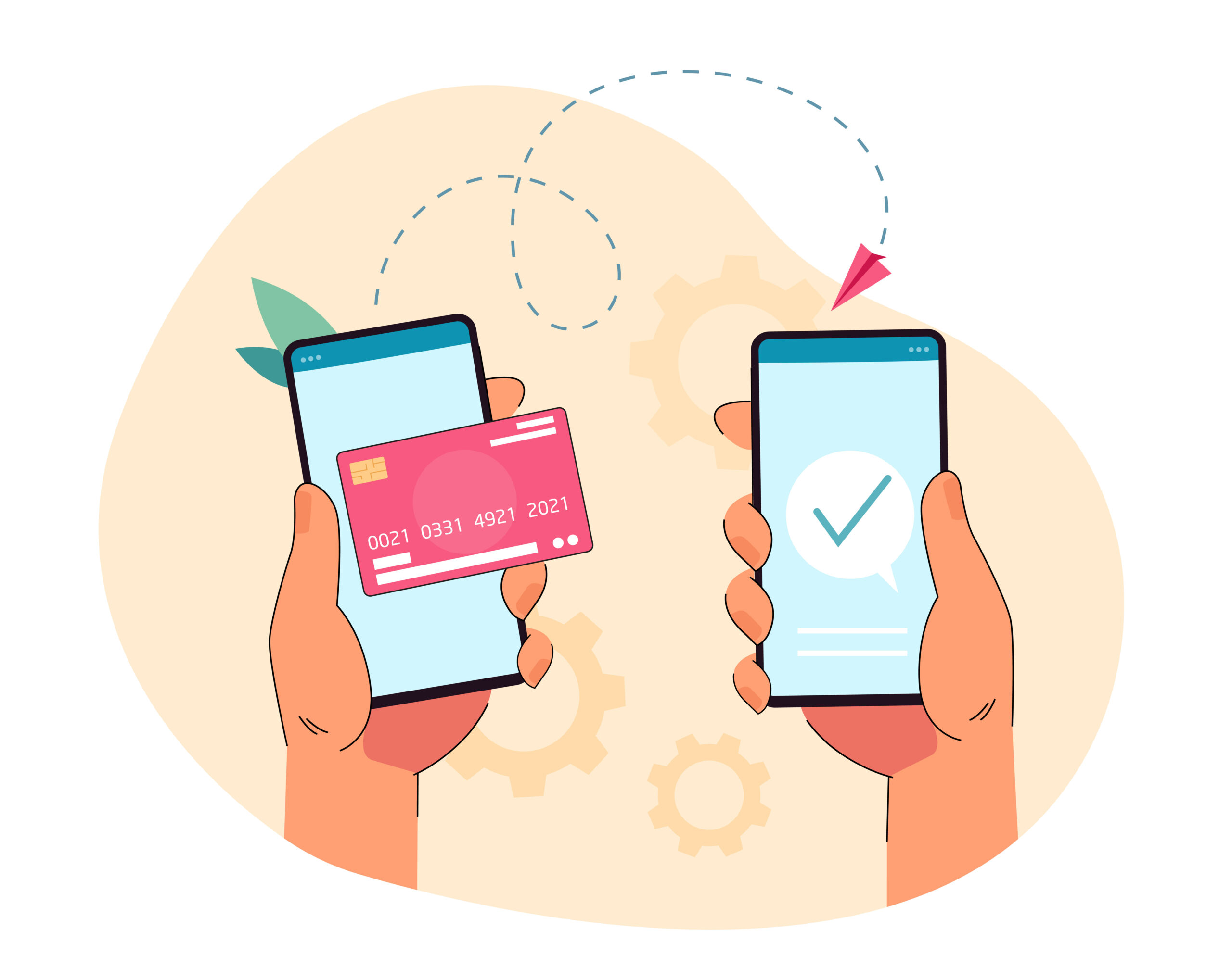 Hand holding phone with digital wallet service and sending money. Payment transaction or transfer through mobile app flat vector illustration. Online banking, finances concept for banner